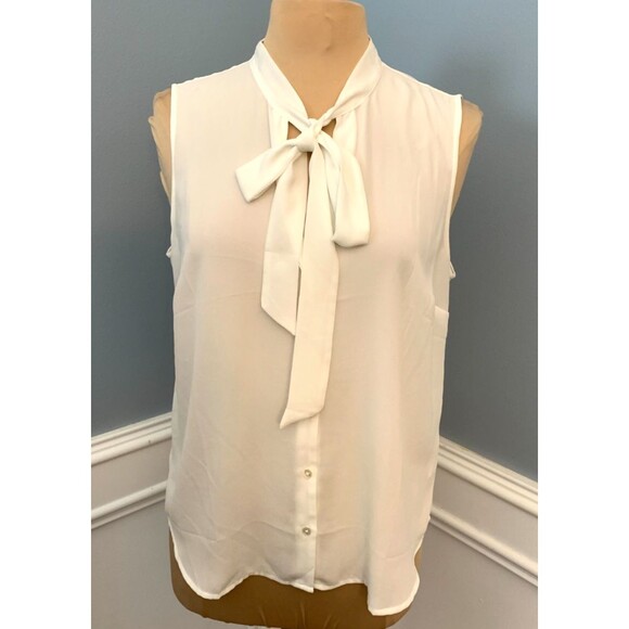 J Crew Shirt Womens M Drapey Tie-Neck Sleeveless Button Top Crepe Blouse Preppy - Picture 1 of 7